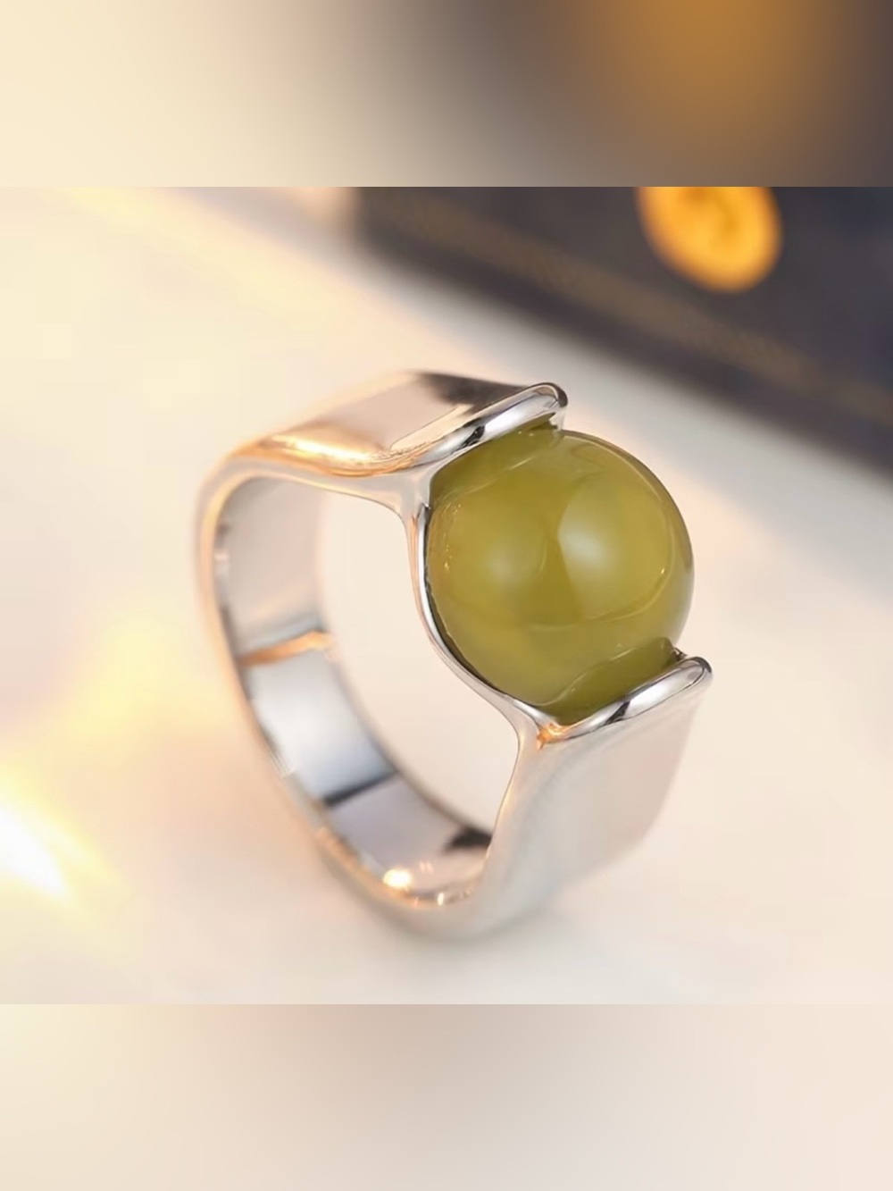 Silver Plated Ring with Olive Green Cabochon Stone Size 7